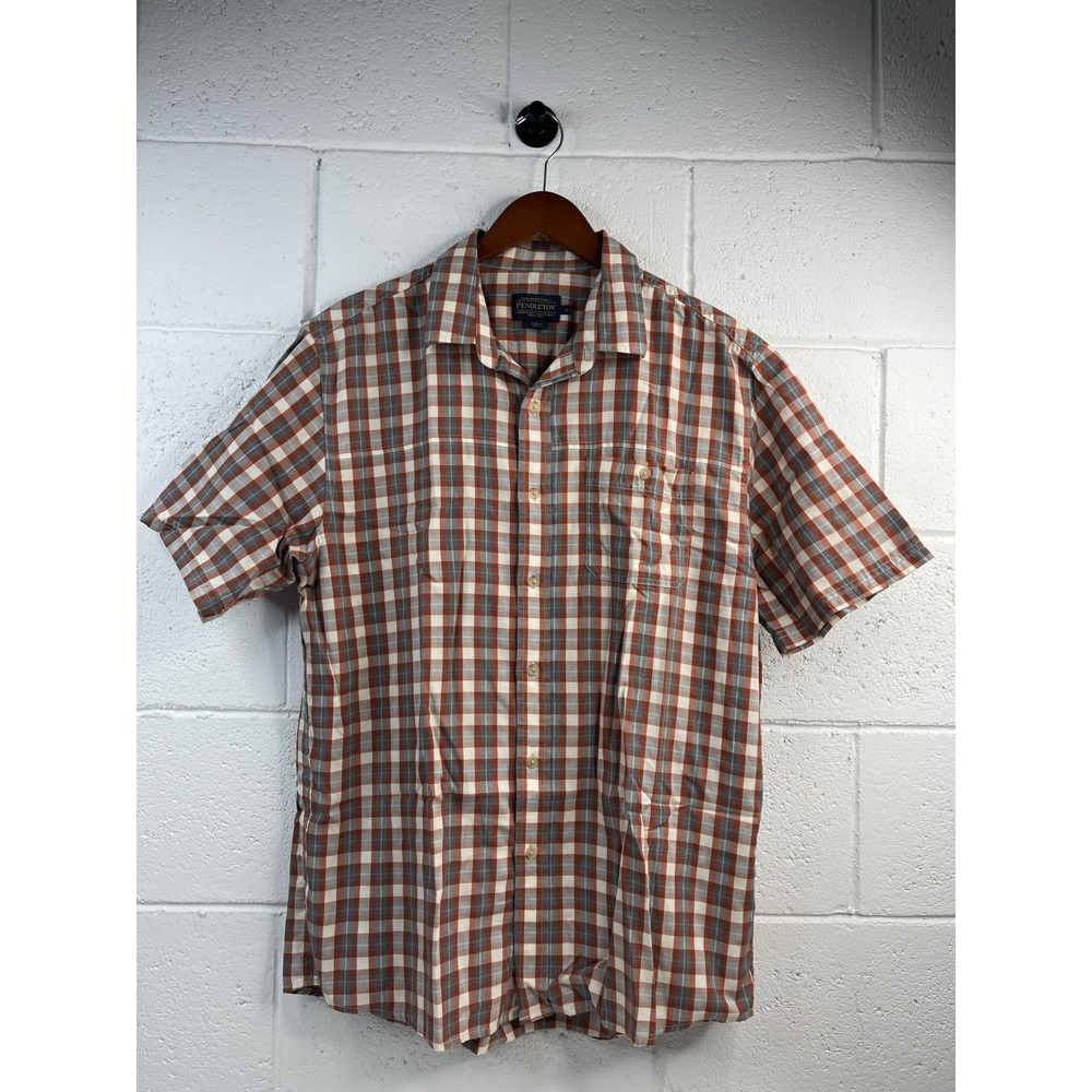 Pendleton Button Up‎ Short Sleeve Shirt Men's Large Orange Red Gray Plaid Cotton